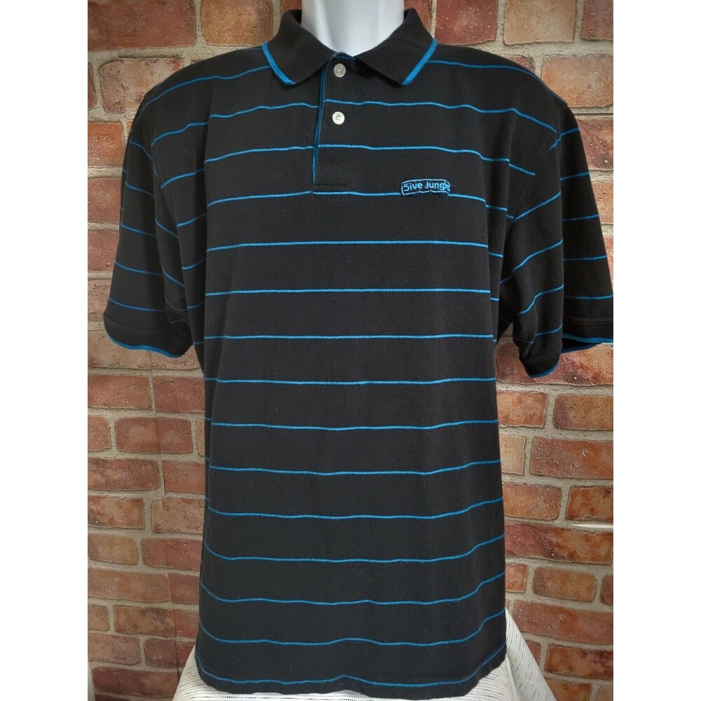 5ive Jungle Mens Large Polo Shirt Short Sleeve Navy Striped Logo